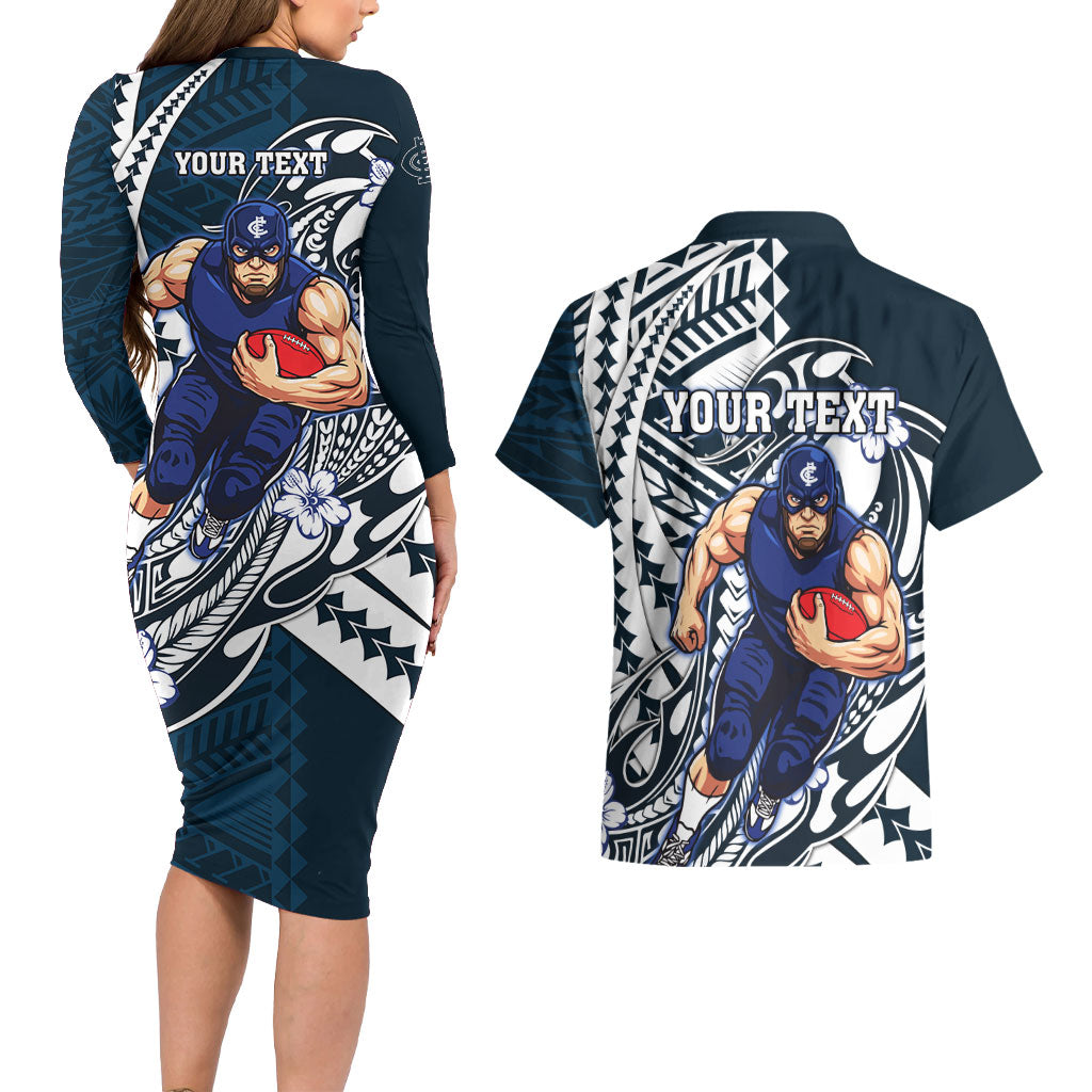 Personalized Carlton Blues Couples Matching Long Sleeve Bodycon Dress and Hawaiian Shirt Polynesian Tribal Baggers Mascot With Hibiscus Floral Art