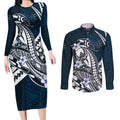 Personalized Carlton Blues Couples Matching Long Sleeve Bodycon Dress and Long Sleeve Button Shirt Polynesian Tribal Baggers Mascot With Hibiscus Floral Art