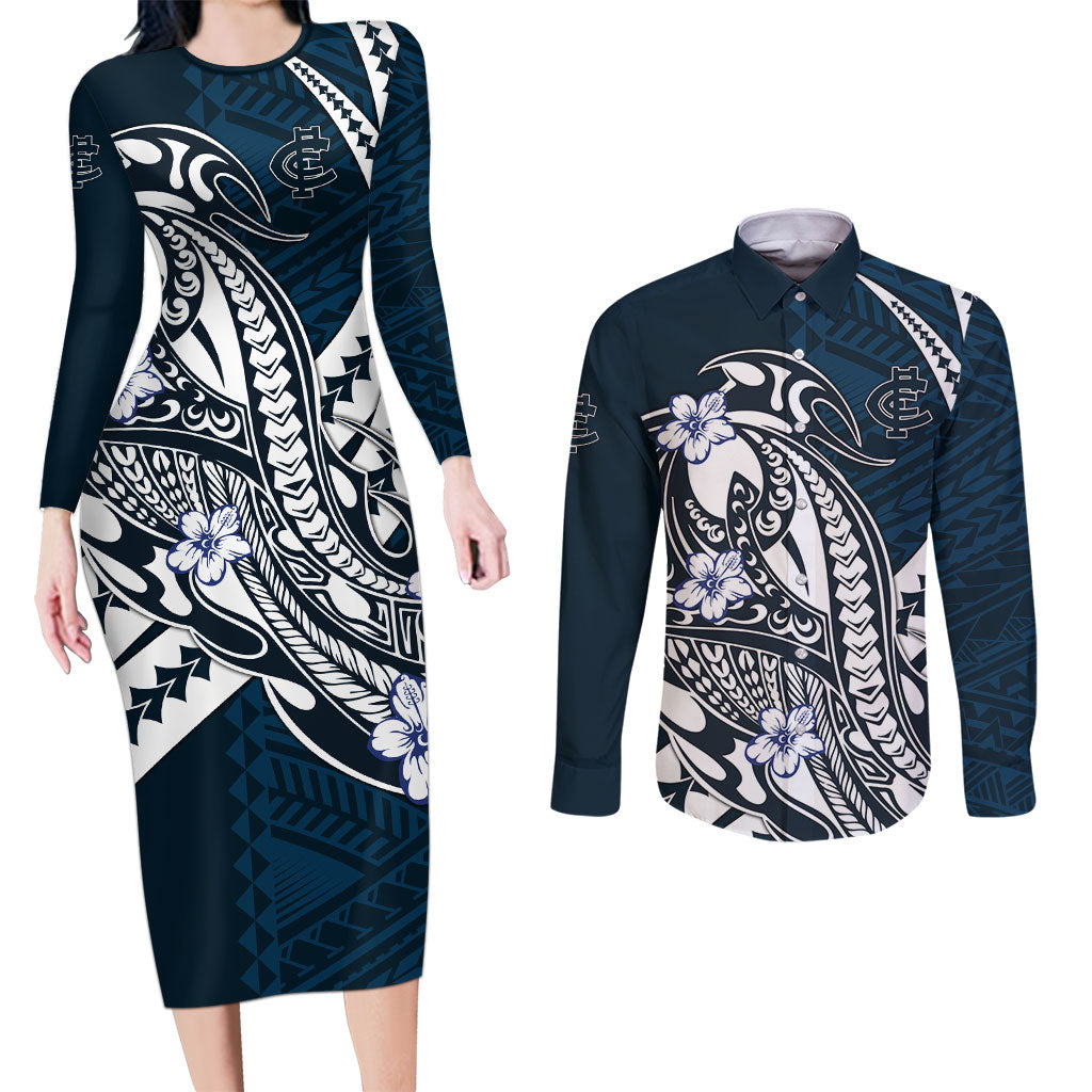 Personalized Carlton Blues Couples Matching Long Sleeve Bodycon Dress and Long Sleeve Button Shirt Polynesian Tribal Baggers Mascot With Hibiscus Floral Art