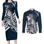 Personalized Carlton Blues Couples Matching Long Sleeve Bodycon Dress and Long Sleeve Button Shirt Polynesian Tribal Baggers Mascot With Hibiscus Floral Art