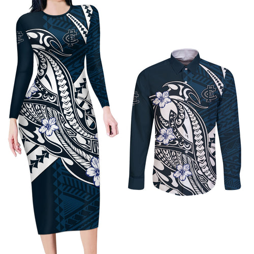Personalized Carlton Blues Couples Matching Long Sleeve Bodycon Dress and Long Sleeve Button Shirt Polynesian Tribal Baggers Mascot With Hibiscus Floral Art