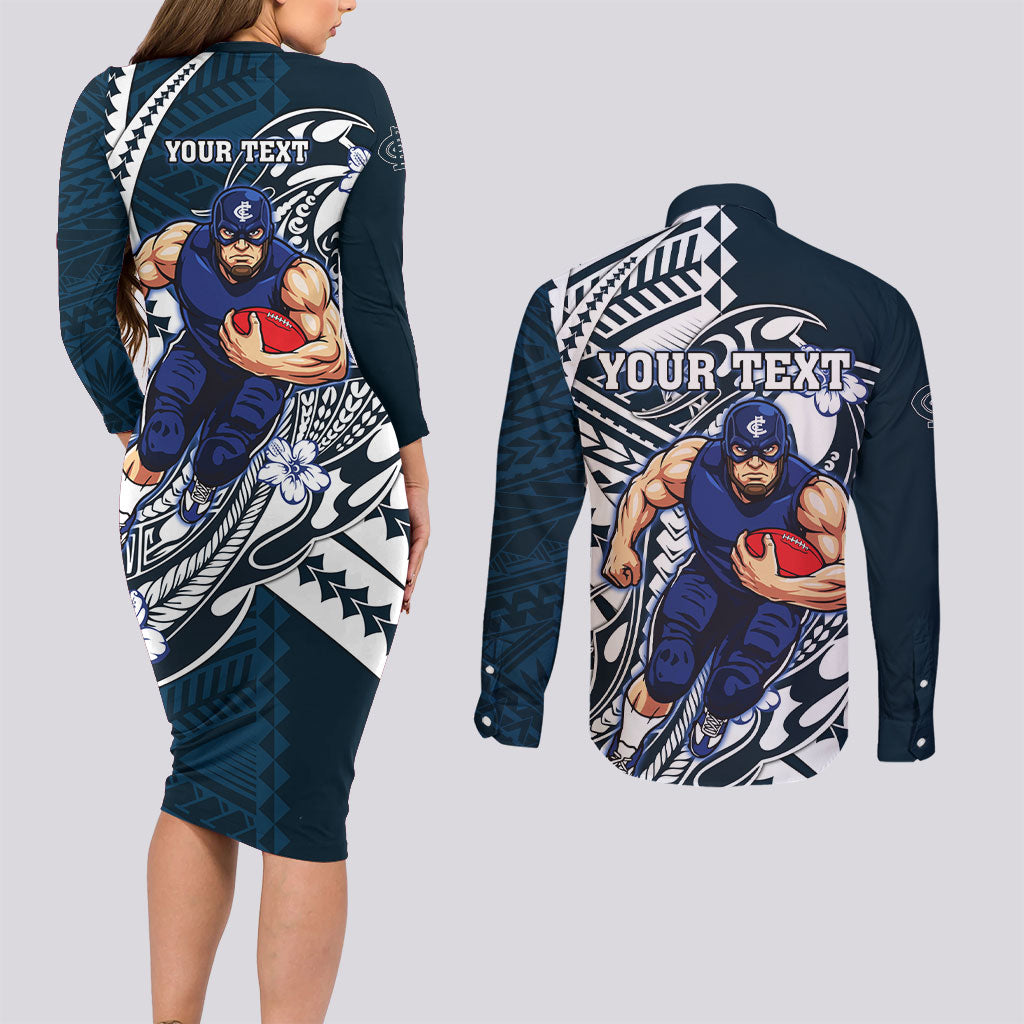 Personalized Carlton Blues Couples Matching Long Sleeve Bodycon Dress and Long Sleeve Button Shirt Polynesian Tribal Baggers Mascot With Hibiscus Floral Art