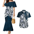 Personalized Carlton Blues Couples Matching Mermaid Dress and Hawaiian Shirt Polynesian Tribal Baggers Mascot With Hibiscus Floral Art