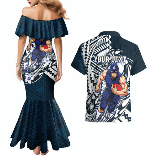 Personalized Carlton Blues Couples Matching Mermaid Dress and Hawaiian Shirt Polynesian Tribal Baggers Mascot With Hibiscus Floral Art