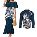 Personalized Carlton Blues Couples Matching Mermaid Dress and Long Sleeve Button Shirt Polynesian Tribal Baggers Mascot With Hibiscus Floral Art
