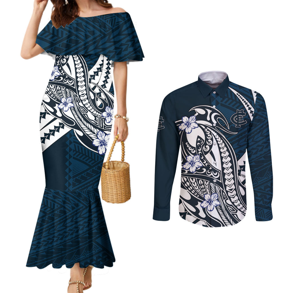Personalized Carlton Blues Couples Matching Mermaid Dress and Long Sleeve Button Shirt Polynesian Tribal Baggers Mascot With Hibiscus Floral Art