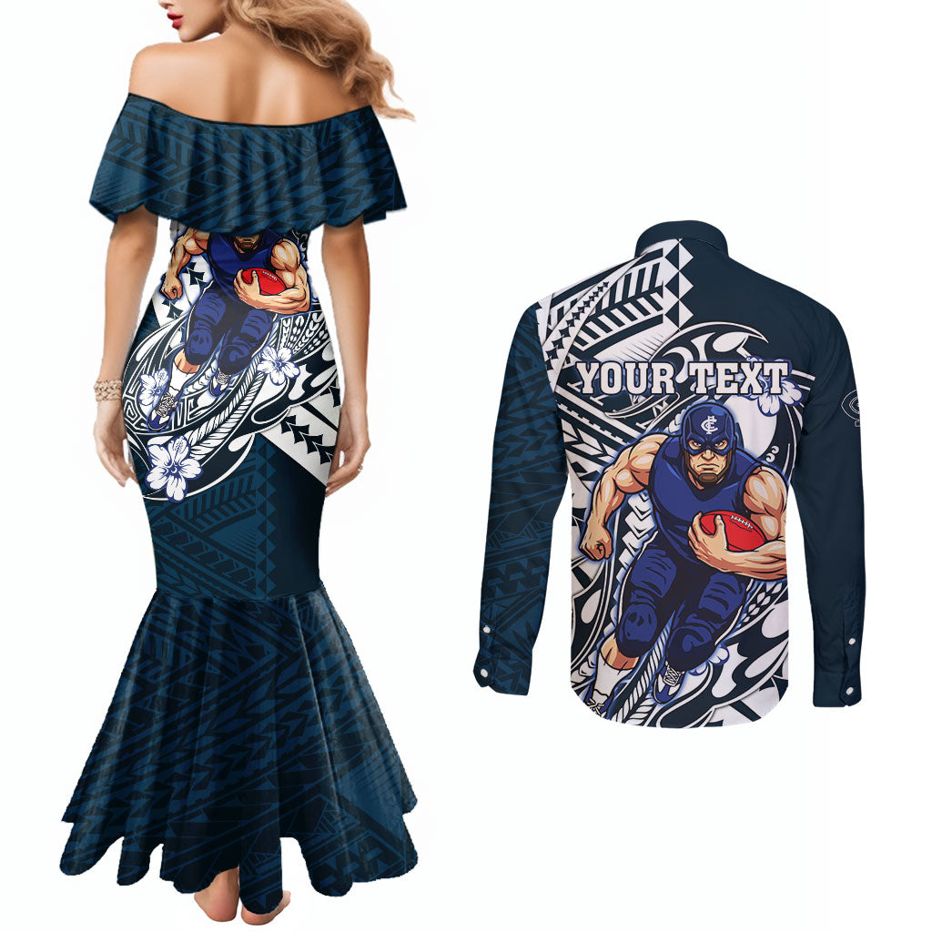 Personalized Carlton Blues Couples Matching Mermaid Dress and Long Sleeve Button Shirt Polynesian Tribal Baggers Mascot With Hibiscus Floral Art