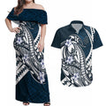 Personalized Carlton Blues Couples Matching Off Shoulder Maxi Dress and Hawaiian Shirt Polynesian Tribal Baggers Mascot With Hibiscus Floral Art