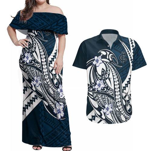 Personalized Carlton Blues Couples Matching Off Shoulder Maxi Dress and Hawaiian Shirt Polynesian Tribal Baggers Mascot With Hibiscus Floral Art