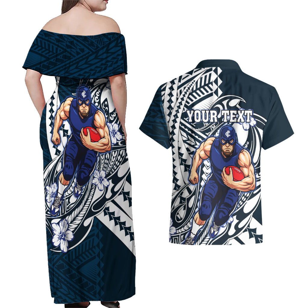 Personalized Carlton Blues Couples Matching Off Shoulder Maxi Dress and Hawaiian Shirt Polynesian Tribal Baggers Mascot With Hibiscus Floral Art