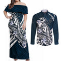 Personalized Carlton Blues Couples Matching Off Shoulder Maxi Dress and Long Sleeve Button Shirt Polynesian Tribal Baggers Mascot With Hibiscus Floral Art