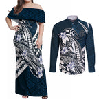 Personalized Carlton Blues Couples Matching Off Shoulder Maxi Dress and Long Sleeve Button Shirt Polynesian Tribal Baggers Mascot With Hibiscus Floral Art