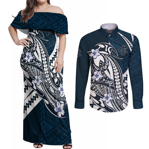 Personalized Carlton Blues Couples Matching Off Shoulder Maxi Dress and Long Sleeve Button Shirt Polynesian Tribal Baggers Mascot With Hibiscus Floral Art