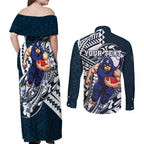 Personalized Carlton Blues Couples Matching Off Shoulder Maxi Dress and Long Sleeve Button Shirt Polynesian Tribal Baggers Mascot With Hibiscus Floral Art