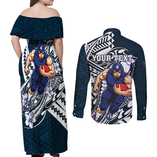Personalized Carlton Blues Couples Matching Off Shoulder Maxi Dress and Long Sleeve Button Shirt Polynesian Tribal Baggers Mascot With Hibiscus Floral Art
