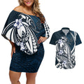 Personalized Carlton Blues Couples Matching Off Shoulder Short Dress and Hawaiian Shirt Polynesian Tribal Baggers Mascot With Hibiscus Floral Art