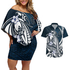 Personalized Carlton Blues Couples Matching Off Shoulder Short Dress and Hawaiian Shirt Polynesian Tribal Baggers Mascot With Hibiscus Floral Art