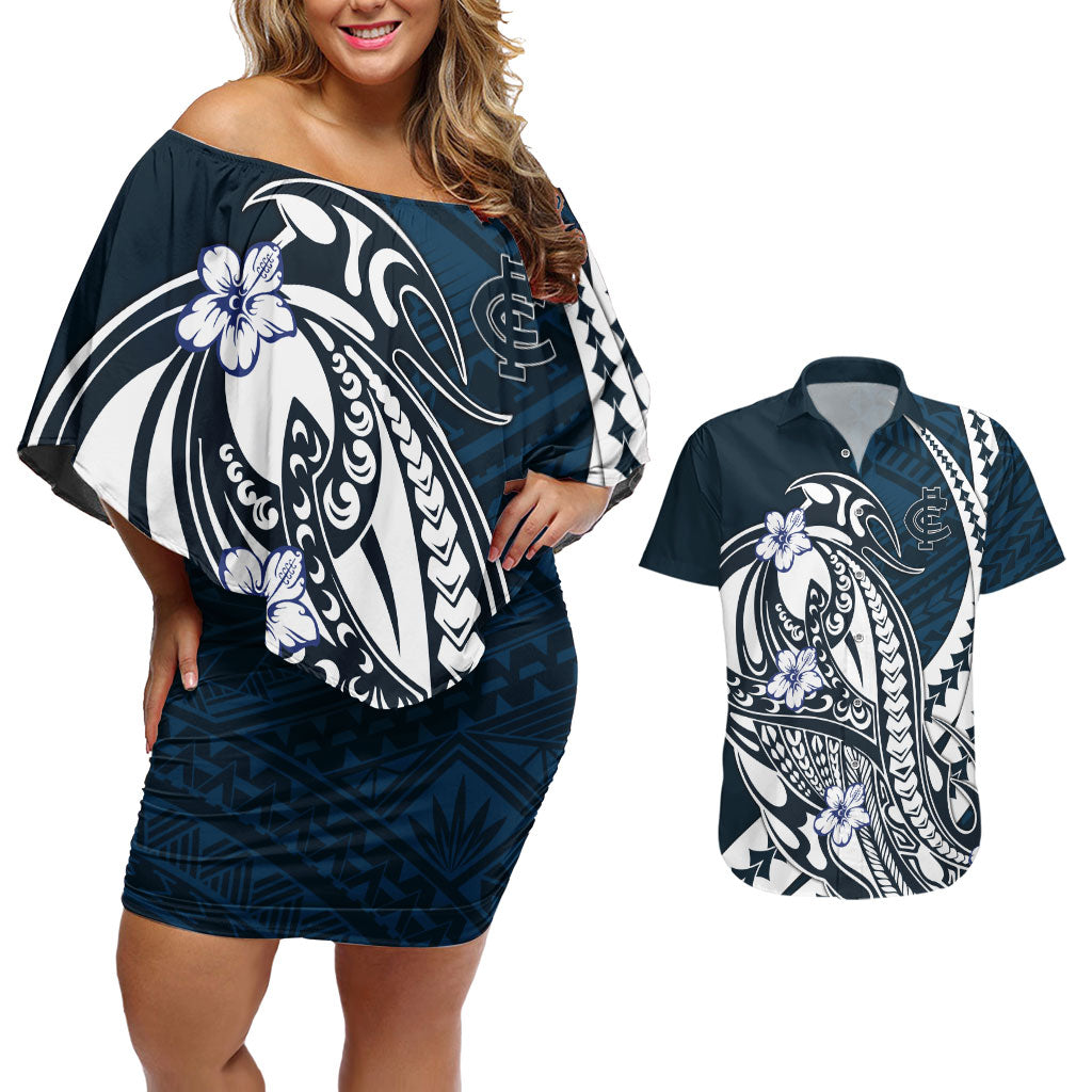 Personalized Carlton Blues Couples Matching Off Shoulder Short Dress and Hawaiian Shirt Polynesian Tribal Baggers Mascot With Hibiscus Floral Art
