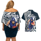 Personalized Carlton Blues Couples Matching Off Shoulder Short Dress and Hawaiian Shirt Polynesian Tribal Baggers Mascot With Hibiscus Floral Art