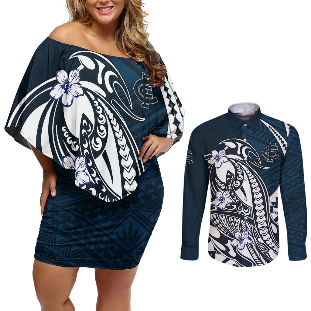 Personalized Carlton Blues Couples Matching Off Shoulder Short Dress and Long Sleeve Button Shirt Polynesian Tribal Baggers Mascot With Hibiscus Floral Art