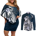Personalized Carlton Blues Couples Matching Off Shoulder Short Dress and Long Sleeve Button Shirt Polynesian Tribal Baggers Mascot With Hibiscus Floral Art