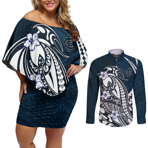 Personalized Carlton Blues Couples Matching Off Shoulder Short Dress and Long Sleeve Button Shirt Polynesian Tribal Baggers Mascot With Hibiscus Floral Art