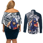 Personalized Carlton Blues Couples Matching Off Shoulder Short Dress and Long Sleeve Button Shirt Polynesian Tribal Baggers Mascot With Hibiscus Floral Art