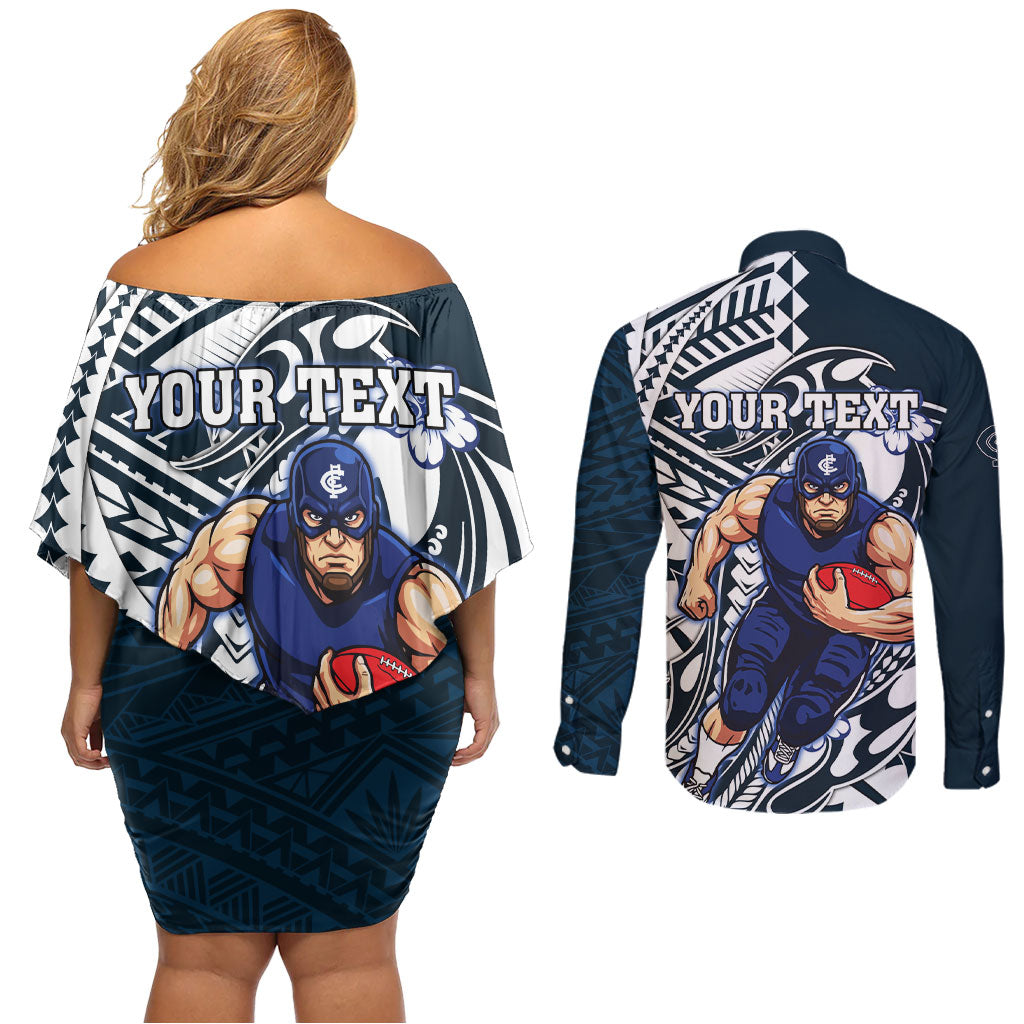 Personalized Carlton Blues Couples Matching Off Shoulder Short Dress and Long Sleeve Button Shirt Polynesian Tribal Baggers Mascot With Hibiscus Floral Art