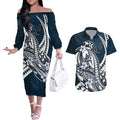 Personalized Carlton Blues Couples Matching Off The Shoulder Long Sleeve Dress and Hawaiian Shirt Polynesian Tribal Baggers Mascot With Hibiscus Floral Art