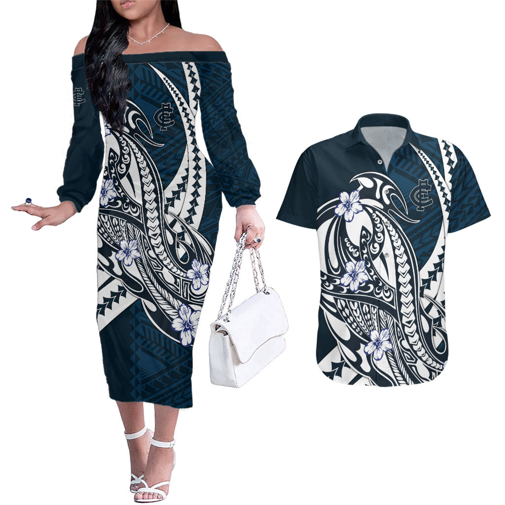 Personalized Carlton Blues Couples Matching Off The Shoulder Long Sleeve Dress and Hawaiian Shirt Polynesian Tribal Baggers Mascot With Hibiscus Floral Art
