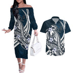 Personalized Carlton Blues Couples Matching Off The Shoulder Long Sleeve Dress and Hawaiian Shirt Polynesian Tribal Baggers Mascot With Hibiscus Floral Art