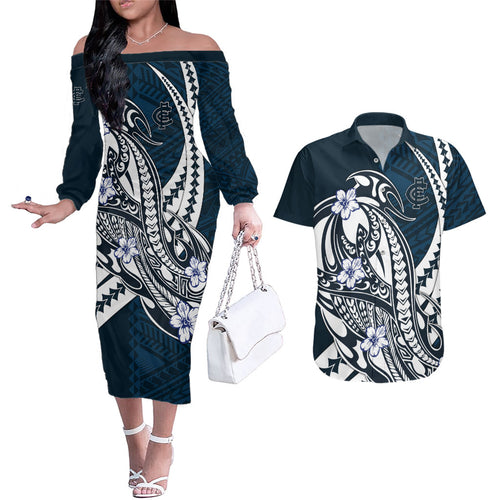 Personalized Carlton Blues Couples Matching Off The Shoulder Long Sleeve Dress and Hawaiian Shirt Polynesian Tribal Baggers Mascot With Hibiscus Floral Art