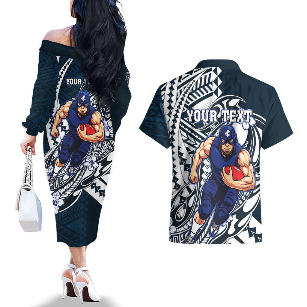 Personalized Carlton Blues Couples Matching Off The Shoulder Long Sleeve Dress and Hawaiian Shirt Polynesian Tribal Baggers Mascot With Hibiscus Floral Art