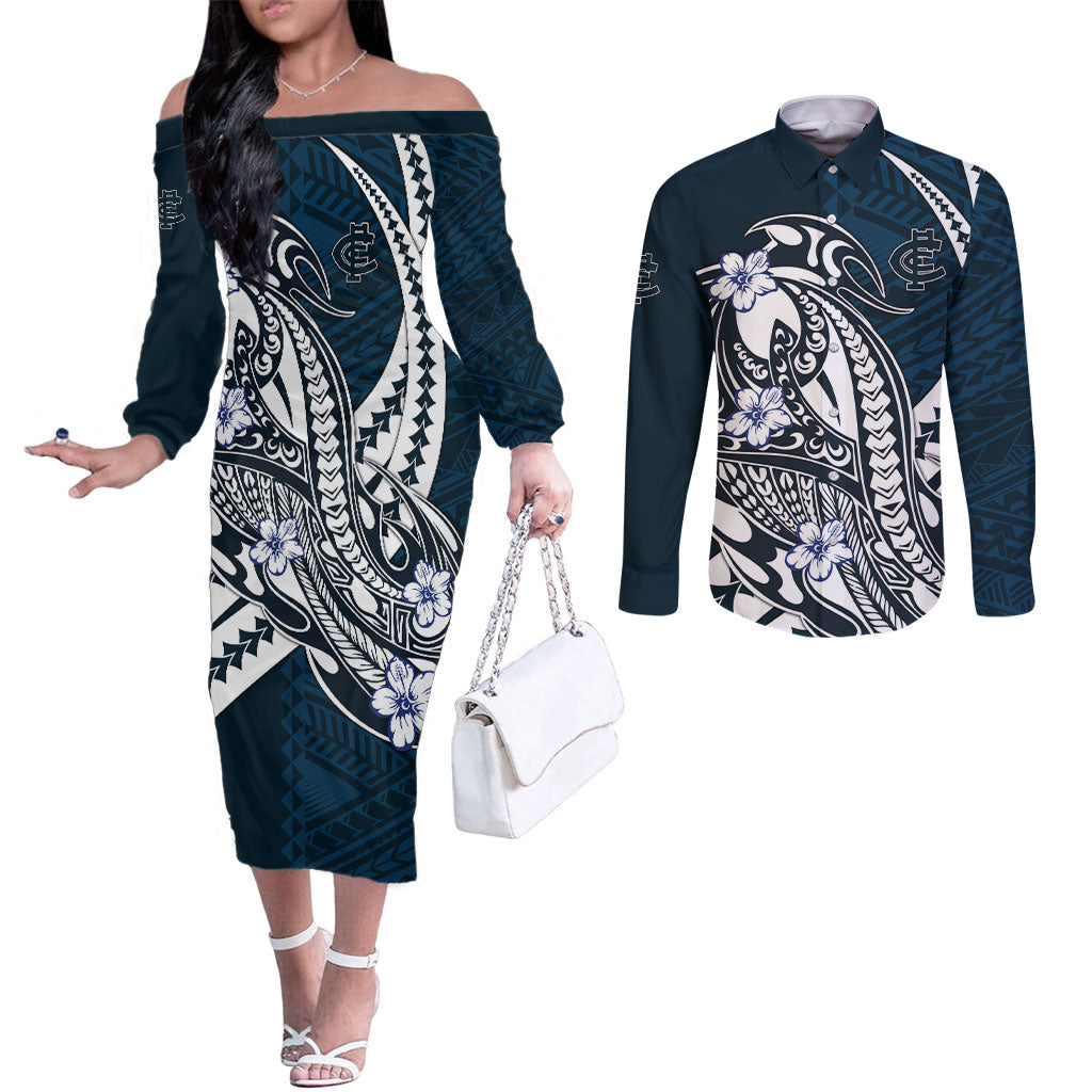 Personalized Carlton Blues Couples Matching Off The Shoulder Long Sleeve Dress and Long Sleeve Button Shirt Polynesian Tribal Baggers Mascot With Hibiscus Floral Art
