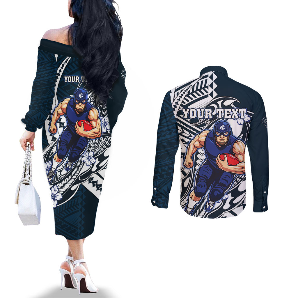 Personalized Carlton Blues Couples Matching Off The Shoulder Long Sleeve Dress and Long Sleeve Button Shirt Polynesian Tribal Baggers Mascot With Hibiscus Floral Art