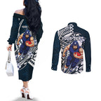 Personalized Carlton Blues Couples Matching Off The Shoulder Long Sleeve Dress and Long Sleeve Button Shirt Polynesian Tribal Baggers Mascot With Hibiscus Floral Art