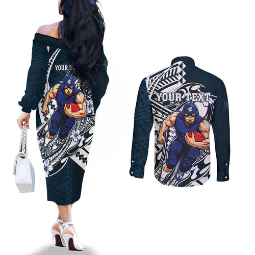Personalized Carlton Blues Couples Matching Off The Shoulder Long Sleeve Dress and Long Sleeve Button Shirt Polynesian Tribal Baggers Mascot With Hibiscus Floral Art