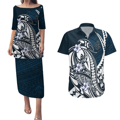 Personalized Carlton Blues Couples Matching Puletasi and Hawaiian Shirt Polynesian Tribal Baggers Mascot With Hibiscus Floral Art