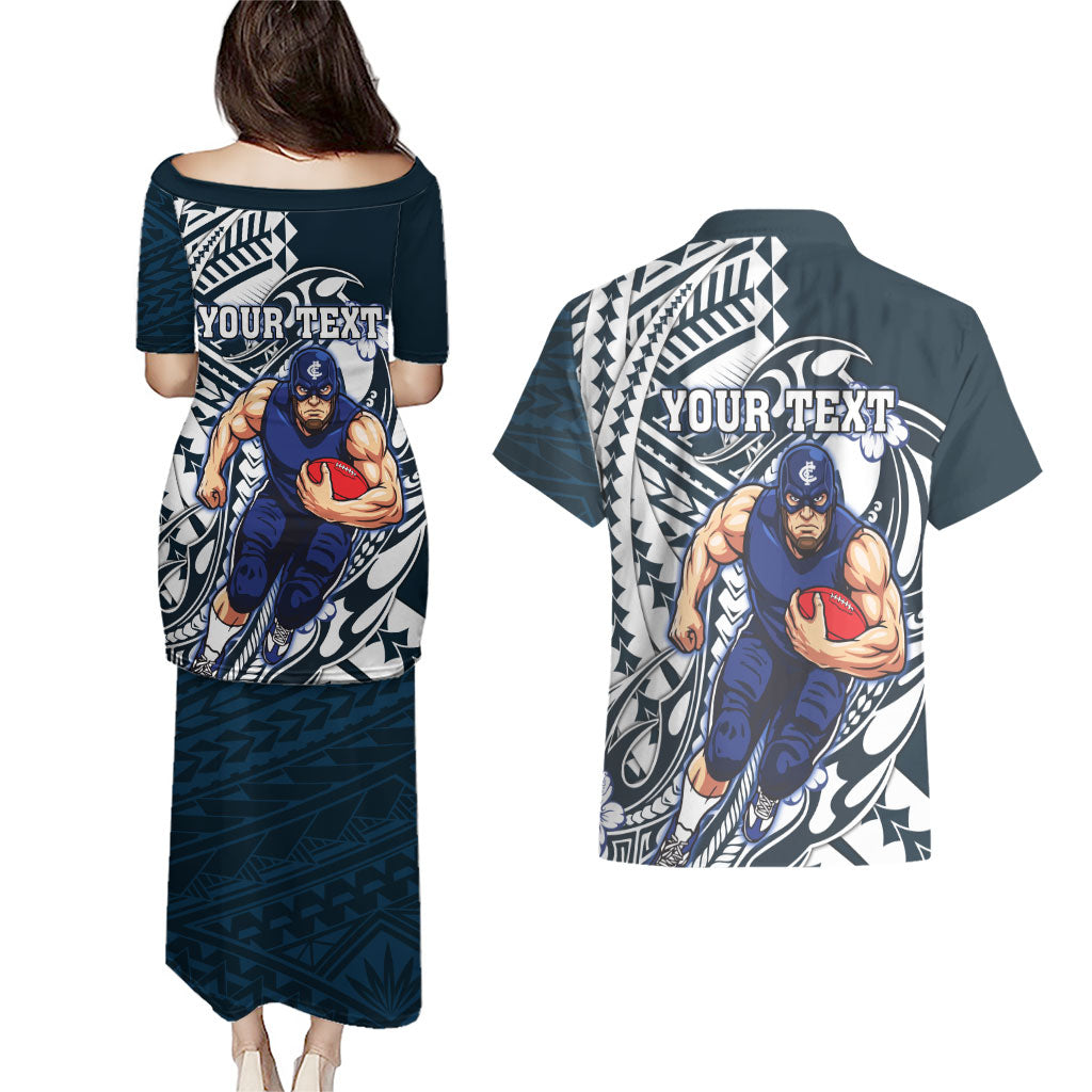 Personalized Carlton Blues Couples Matching Puletasi and Hawaiian Shirt Polynesian Tribal Baggers Mascot With Hibiscus Floral Art