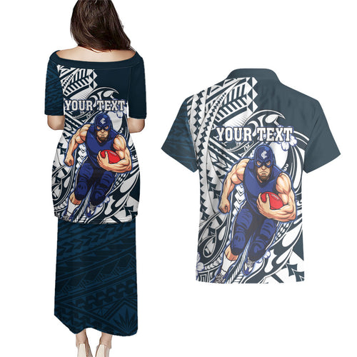 Personalized Carlton Blues Couples Matching Puletasi and Hawaiian Shirt Polynesian Tribal Baggers Mascot With Hibiscus Floral Art