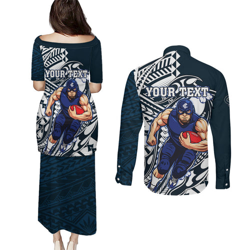 Personalized Carlton Blues Couples Matching Puletasi and Long Sleeve Button Shirt Polynesian Tribal Baggers Mascot With Hibiscus Floral Art