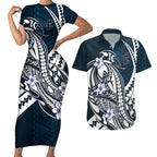 Personalized Carlton Blues Couples Matching Short Sleeve Bodycon Dress and Hawaiian Shirt Polynesian Tribal Baggers Mascot With Hibiscus Floral Art
