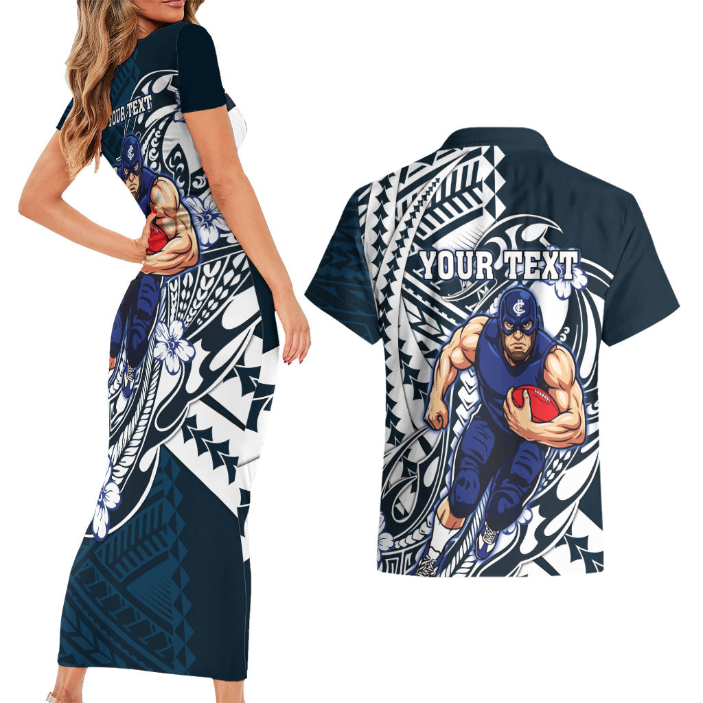 Personalized Carlton Blues Couples Matching Short Sleeve Bodycon Dress and Hawaiian Shirt Polynesian Tribal Baggers Mascot With Hibiscus Floral Art