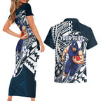 Personalized Carlton Blues Couples Matching Short Sleeve Bodycon Dress and Hawaiian Shirt Polynesian Tribal Baggers Mascot With Hibiscus Floral Art
