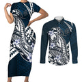 Personalized Carlton Blues Couples Matching Short Sleeve Bodycon Dress and Long Sleeve Button Shirt Polynesian Tribal Baggers Mascot With Hibiscus Floral Art