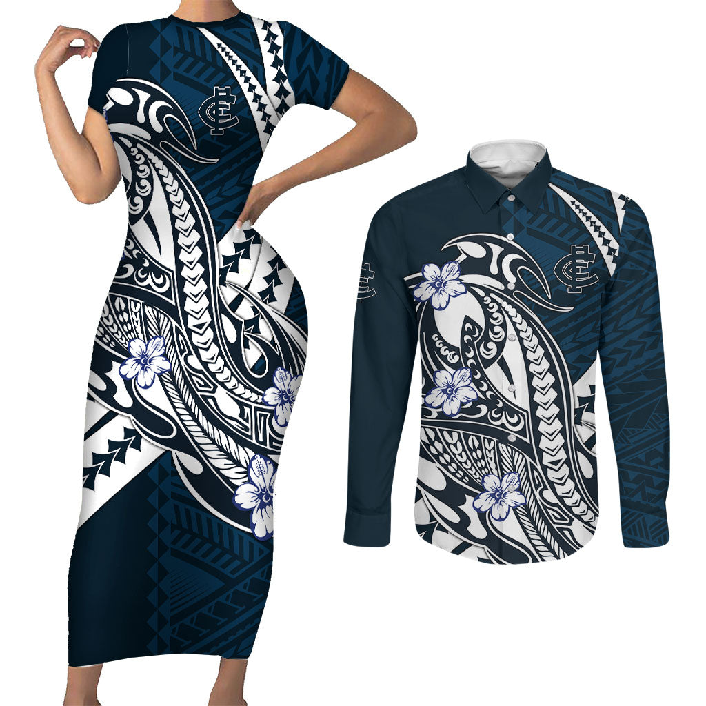 Personalized Carlton Blues Couples Matching Short Sleeve Bodycon Dress and Long Sleeve Button Shirt Polynesian Tribal Baggers Mascot With Hibiscus Floral Art
