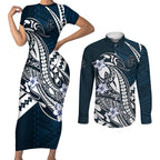 Personalized Carlton Blues Couples Matching Short Sleeve Bodycon Dress and Long Sleeve Button Shirt Polynesian Tribal Baggers Mascot With Hibiscus Floral Art