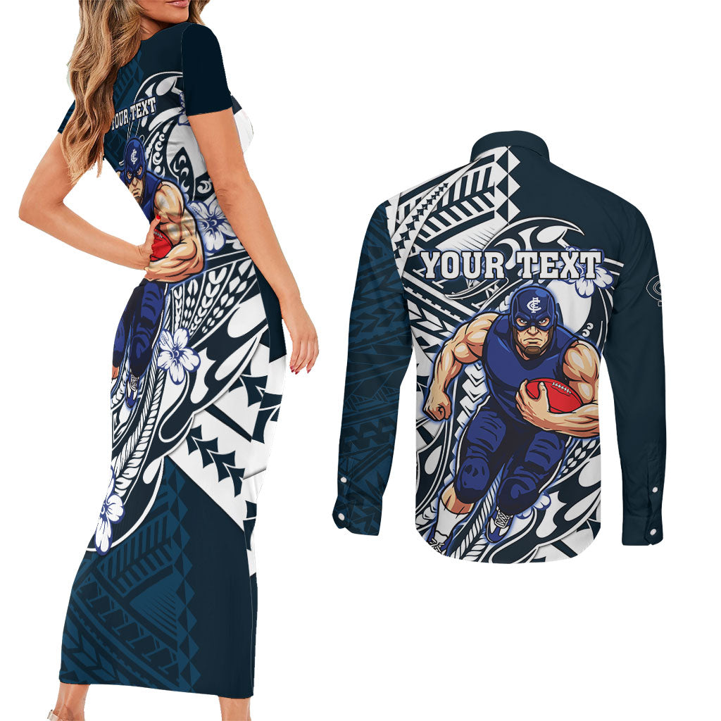 Personalized Carlton Blues Couples Matching Short Sleeve Bodycon Dress and Long Sleeve Button Shirt Polynesian Tribal Baggers Mascot With Hibiscus Floral Art