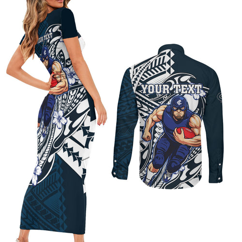 Personalized Carlton Blues Couples Matching Short Sleeve Bodycon Dress and Long Sleeve Button Shirt Polynesian Tribal Baggers Mascot With Hibiscus Floral Art