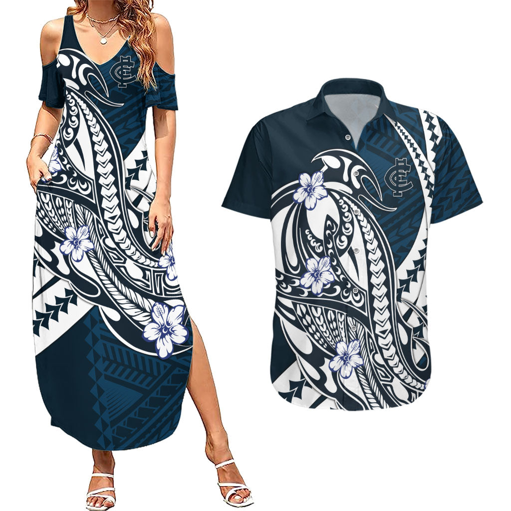 Personalized Carlton Blues Couples Matching Summer Maxi Dress and Hawaiian Shirt Polynesian Tribal Baggers Mascot With Hibiscus Floral Art
